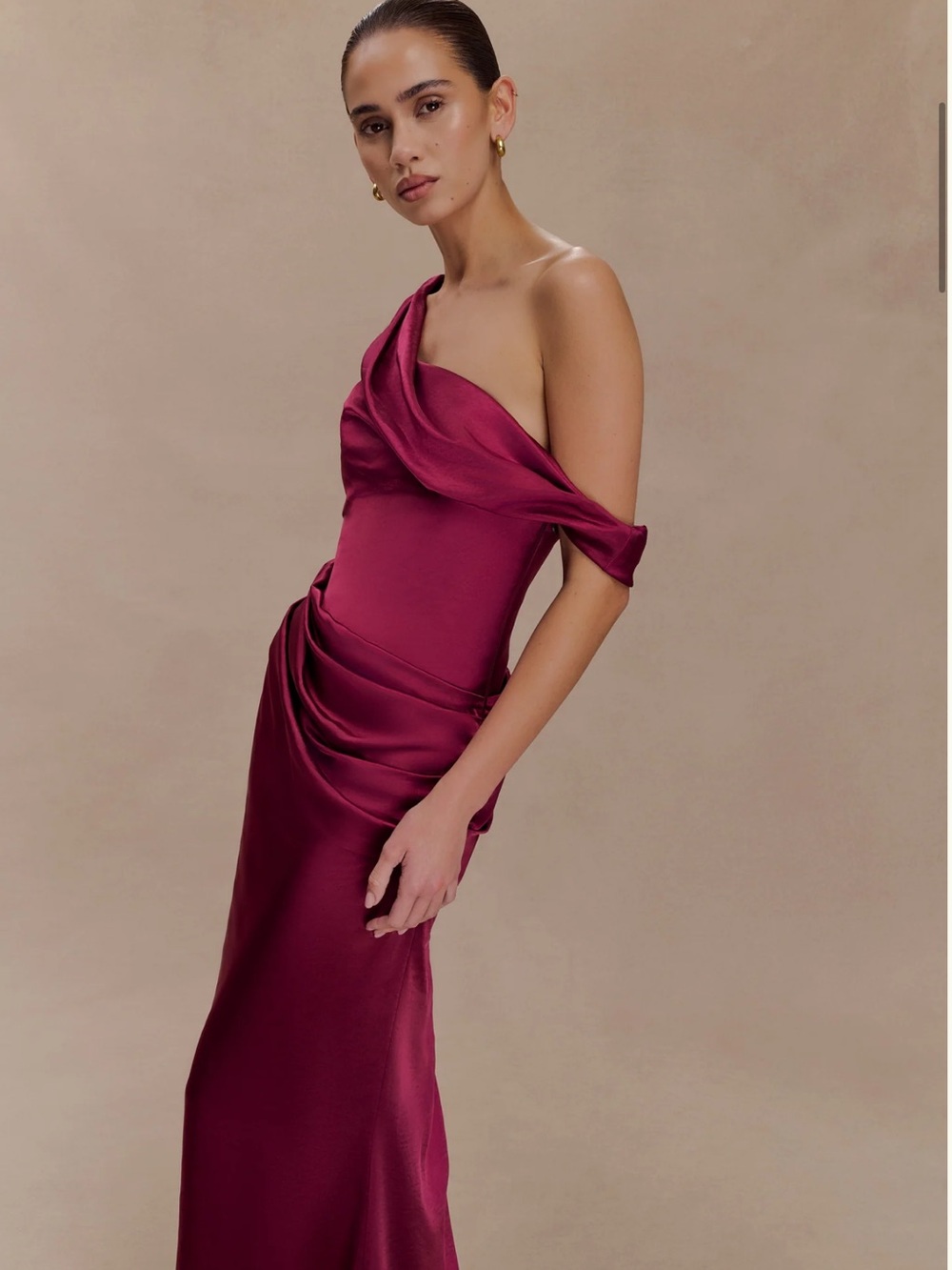 NWT Meshki One-Shoulder Satin Maxi Dress in Mahogany - Picture 2 of 7
